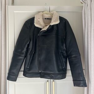 Zara Black Leather Jacket with Cream Shearling Collar - Size Large